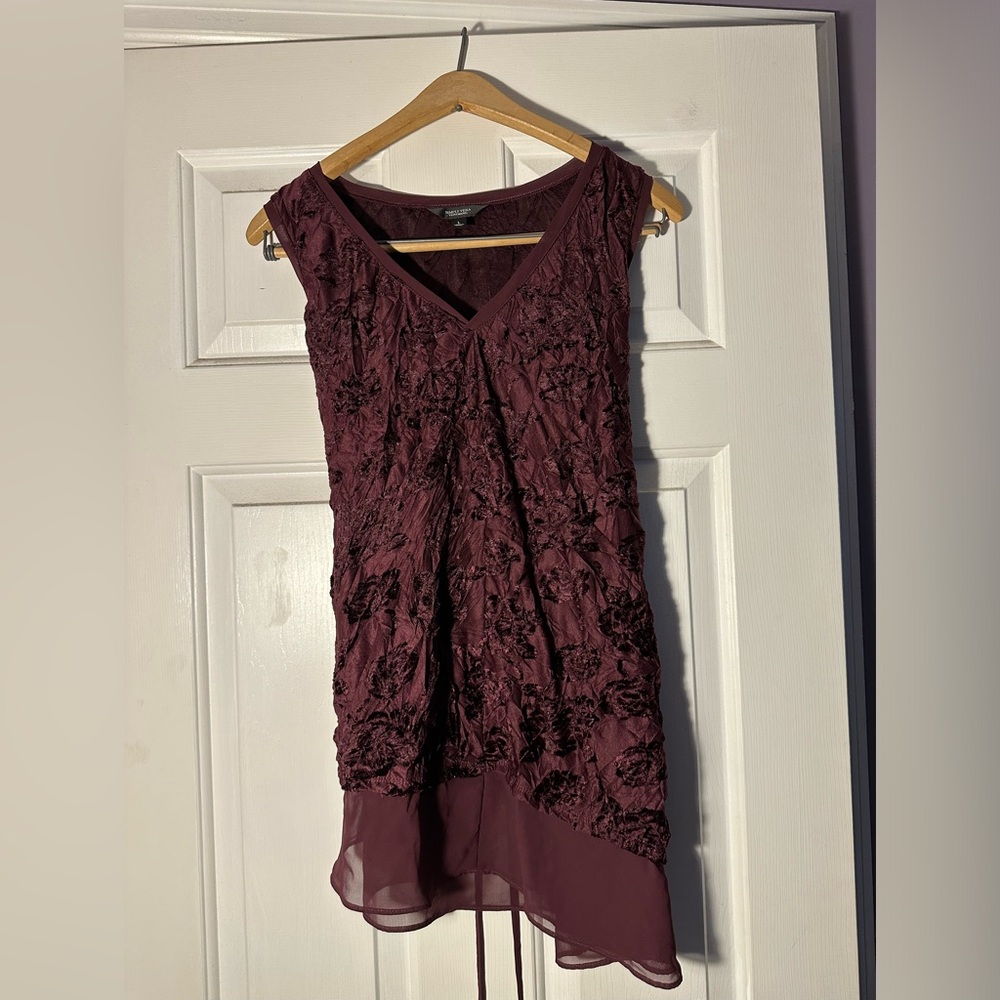 Burgundy satin asymetrical tank with velvet accents Large